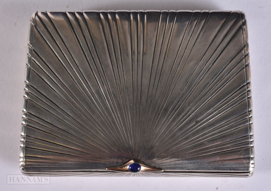 AN ANTIQUE RUSSIAN SILVER AND SAPPHIRE CABOCHON CASE. 188 grams. 10.75 cm x 8.25 cm.: AN ANTIQUE RUSSIAN SILVER AND SAPPHIRE CABOCHON CASE. 188 grams. 10.75 cm x 8.25 cm.
