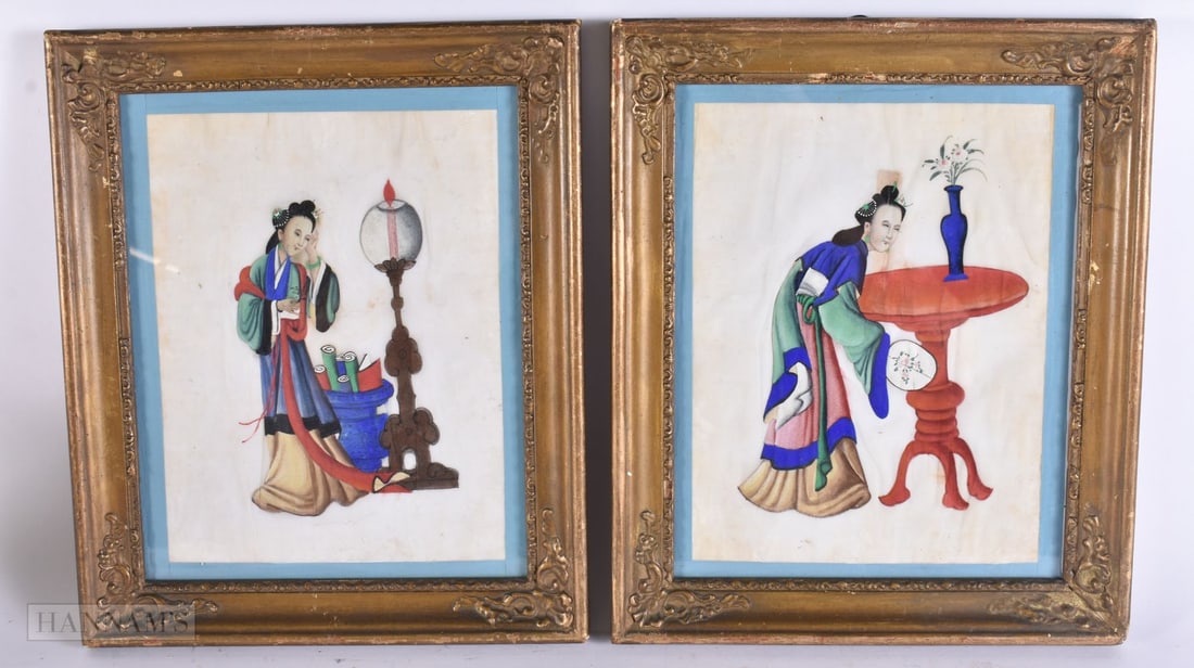 A PAIR OF 19TH CENTURY CHINESE PITH PAPER PAINTINGS Qing. 30 cm x 24 cm. (1 of 10)