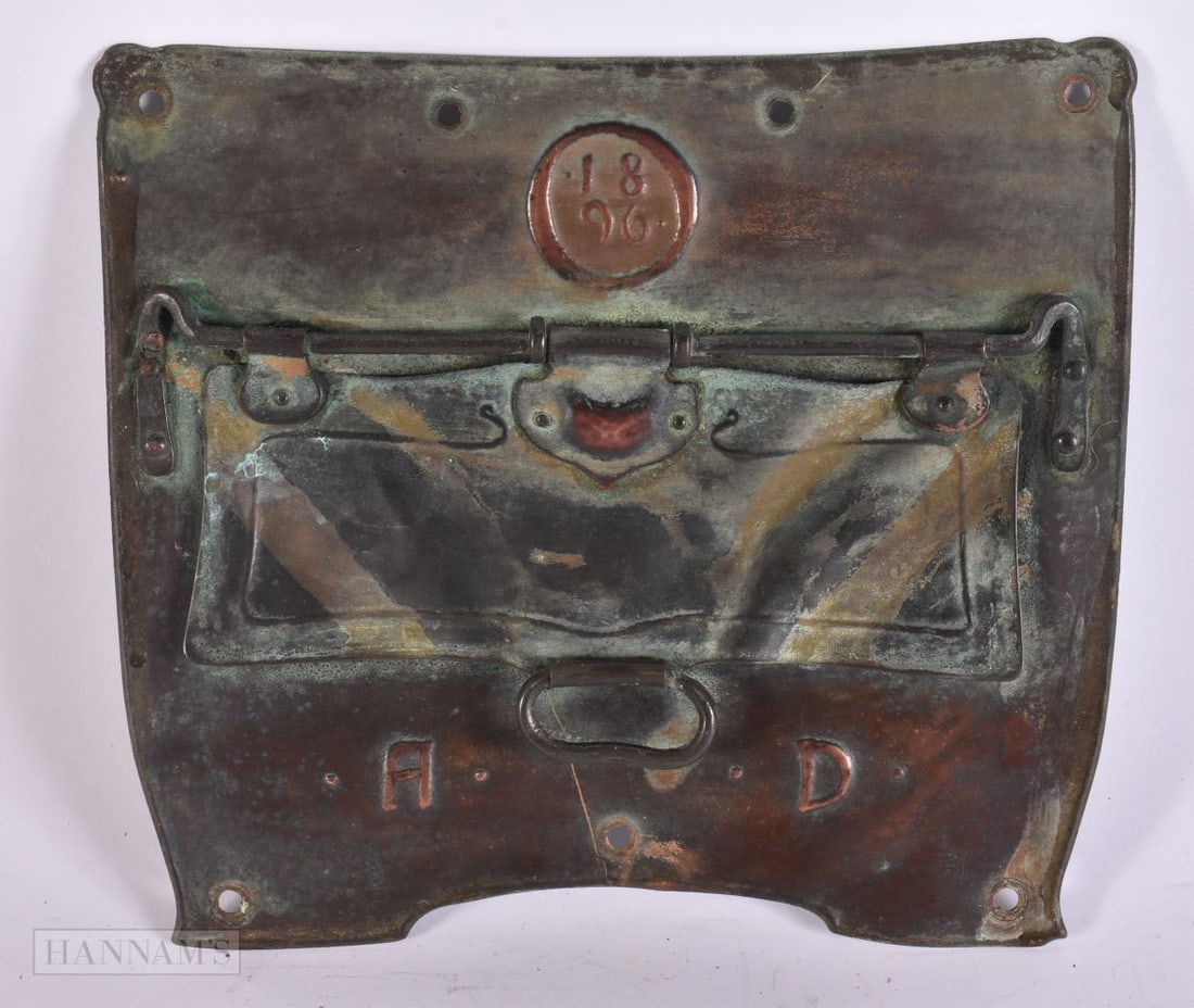 AN ART NOUVEAU COPPER LETTER BOX PLAQUE. 21 cm x 21 cm. (1 of 4)