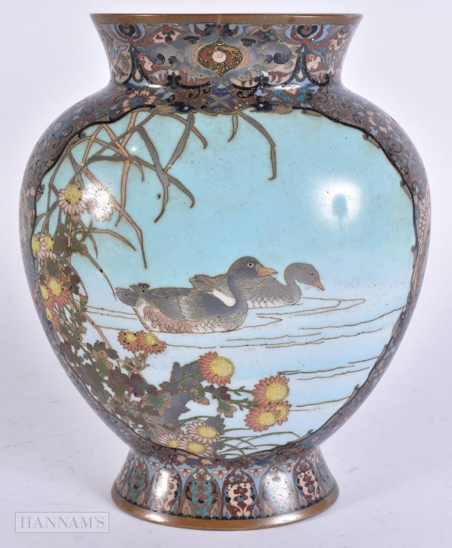 A 19TH CENTURY JAPANESE MEIJI PERIOD CLOISONNE ENAMEL FLASK depicting ducks swimming upon a lake. 18 (1 of 6)
