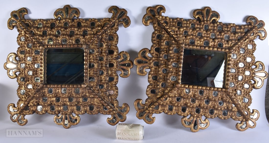 A LOVELY PAIR OF 18TH CENTURY SPANISH GILTWOOD GLASS MIRRORS of unusual geometric form. 60 cm x 54 c (1 of 6)