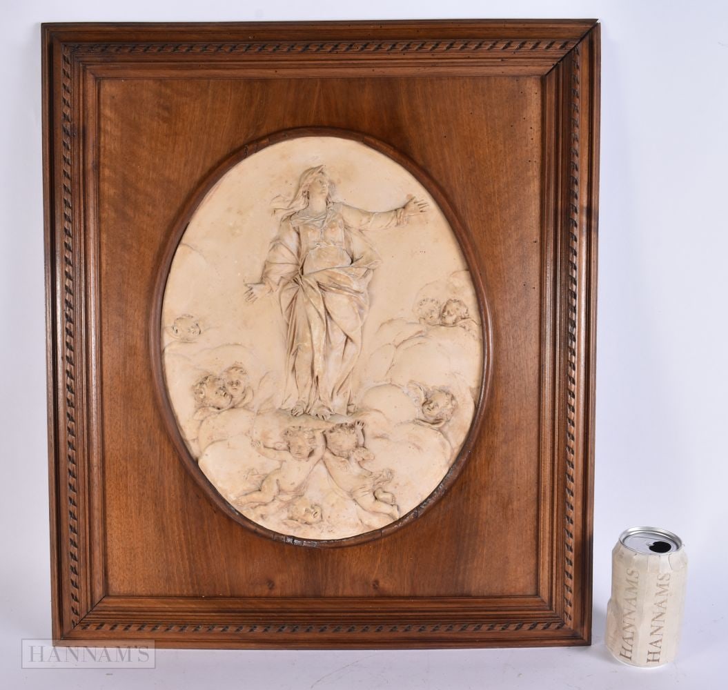 A LARGE 18TH/19TH CENTURY CONTINENTAL STUCCO PANEL within a cedar frame. 56 cm x 46 cm.: A LARGE 18TH/19TH CENTURY CONTINENTAL STUCCO PANEL within a cedar frame. 56 cm x 46 cm.