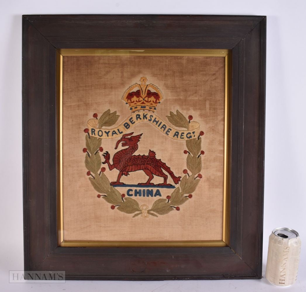 A MILITARY INTEREST ROYAL BERKSHIRE REGIMENT CHINA EMBROIDERED PANEL. 58 cm x 50 cm. Note: The Royal (1 of 5)