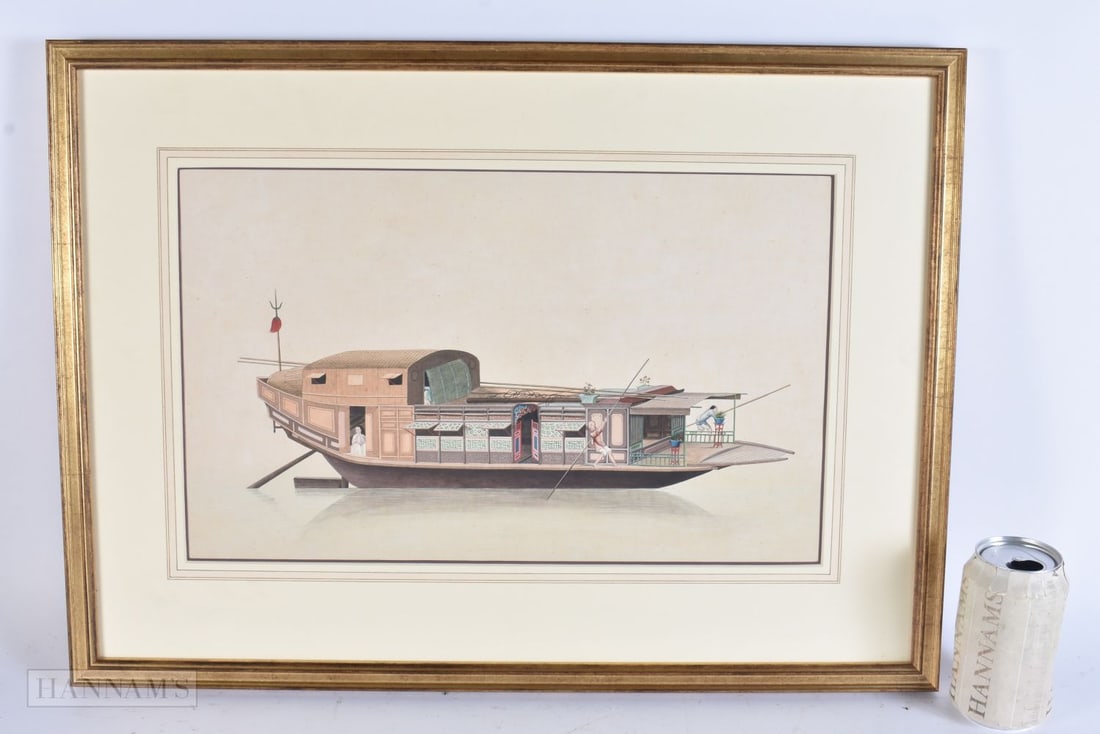 A FINE EARLY 19TH CENTURY CHINESE WATERCOLOUR Qing, depicting a boat. 58 cm x 42 cm, image 42 cm x 2: A FINE EARLY 19TH CENTURY CHINESE WATERCOLOUR Qing, depicting a boat. 58 cm x 42 cm, image 42 cm x 26 cm.