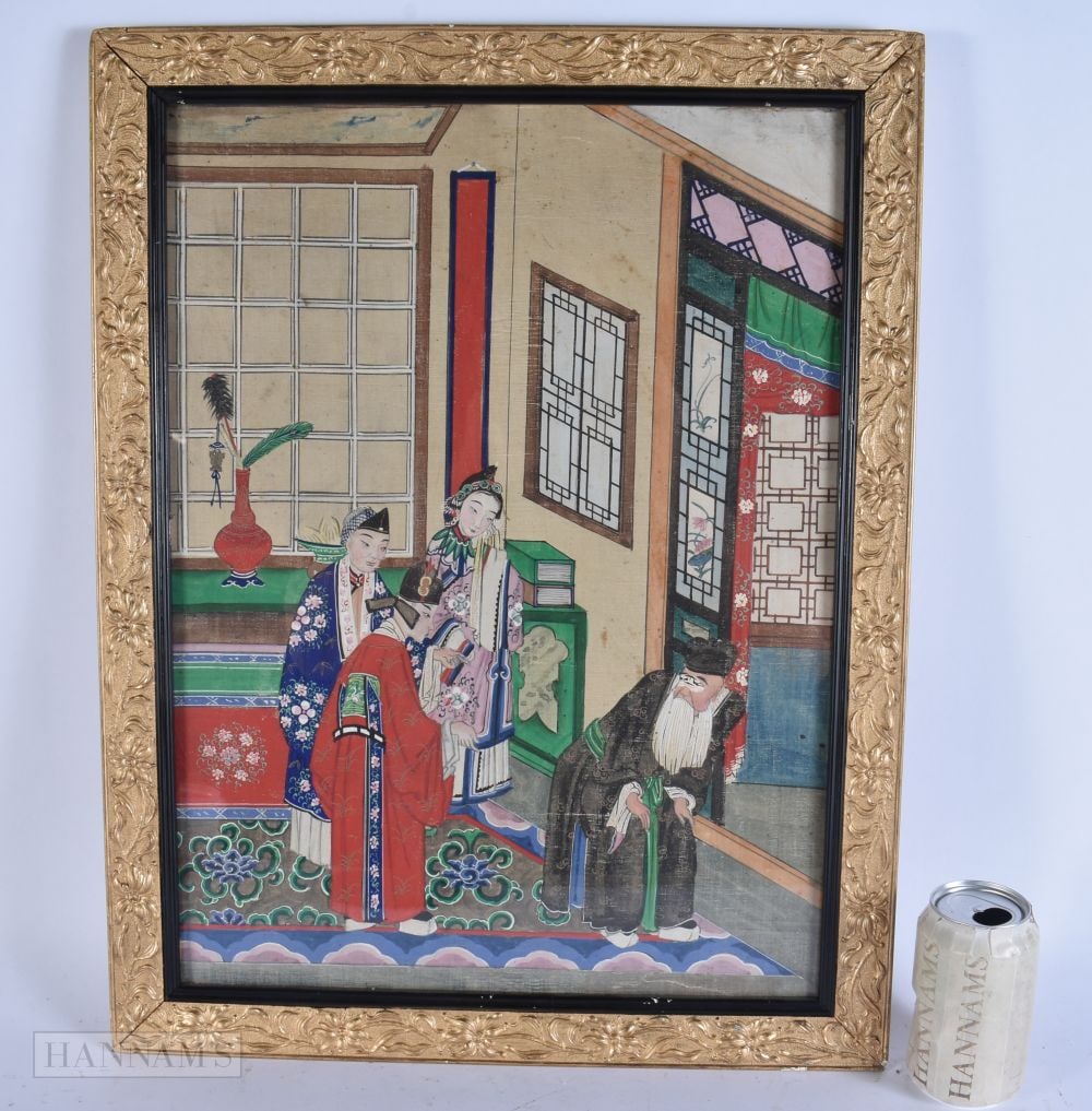 A 19TH CENTURY CHINESE INTERIOR PAINTING Qing, depicting various figures including one wearing a mas (1 of 6)