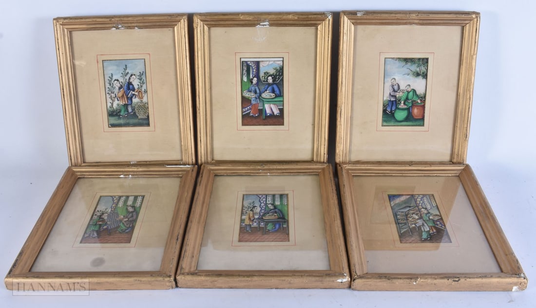 A SET OF SIX 19TH CENTURY CHINESE PITH PAPER PAINTINGS Qing. 24 cm x 21 cm. (6) (1 of 8)
