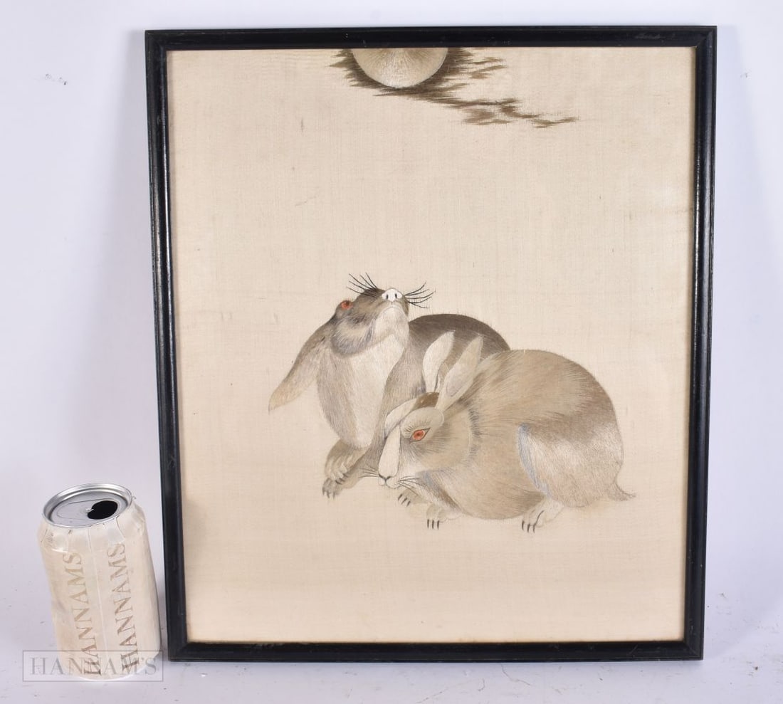 A LATE 19TH CENTURY CHINESE SILK EMBROIDERED HARE PANEL Late Qing. 40 cm x 32 cm. (1 of 6)