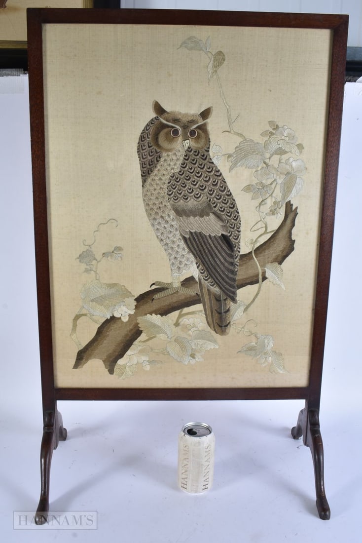 A LARGE 19TH CENTURY CHINESE SILK EMBROIDERED WISE OWL PANEL Qing, contained within a European fire (1 of 7)