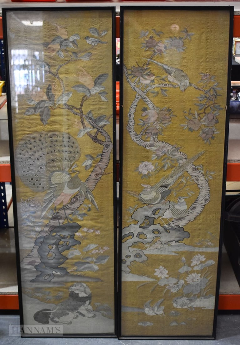 A FINE PAIR OF 18TH/19TH CENTURY CHINESE KESI SILK PANELS Late Qianlong/Jiaqing. 134 cm x 40 cm.: A FINE PAIR OF 18TH/19TH CENTURY CHINESE KESI SILK PANELS Late Qianlong/Jiaqing. 134 cm x 40 cm.