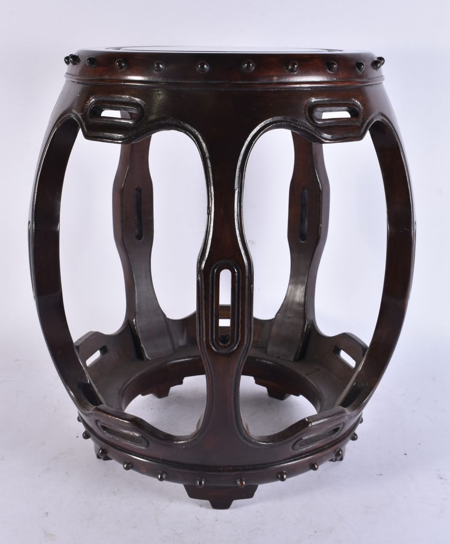 A PAIR OF EARLY 20TH CENTURY CHINESE CARVED HARDWOOD BARREL SEATS Late Qing. 46 cm x 32 cm. Note: On: A PAIR OF EARLY 20TH CENTURY CHINESE CARVED HARDWOOD BARREL SEATS Late Qing. 46 cm x 32 cm. Note: One seat is currently dismantled and needs re attaching together