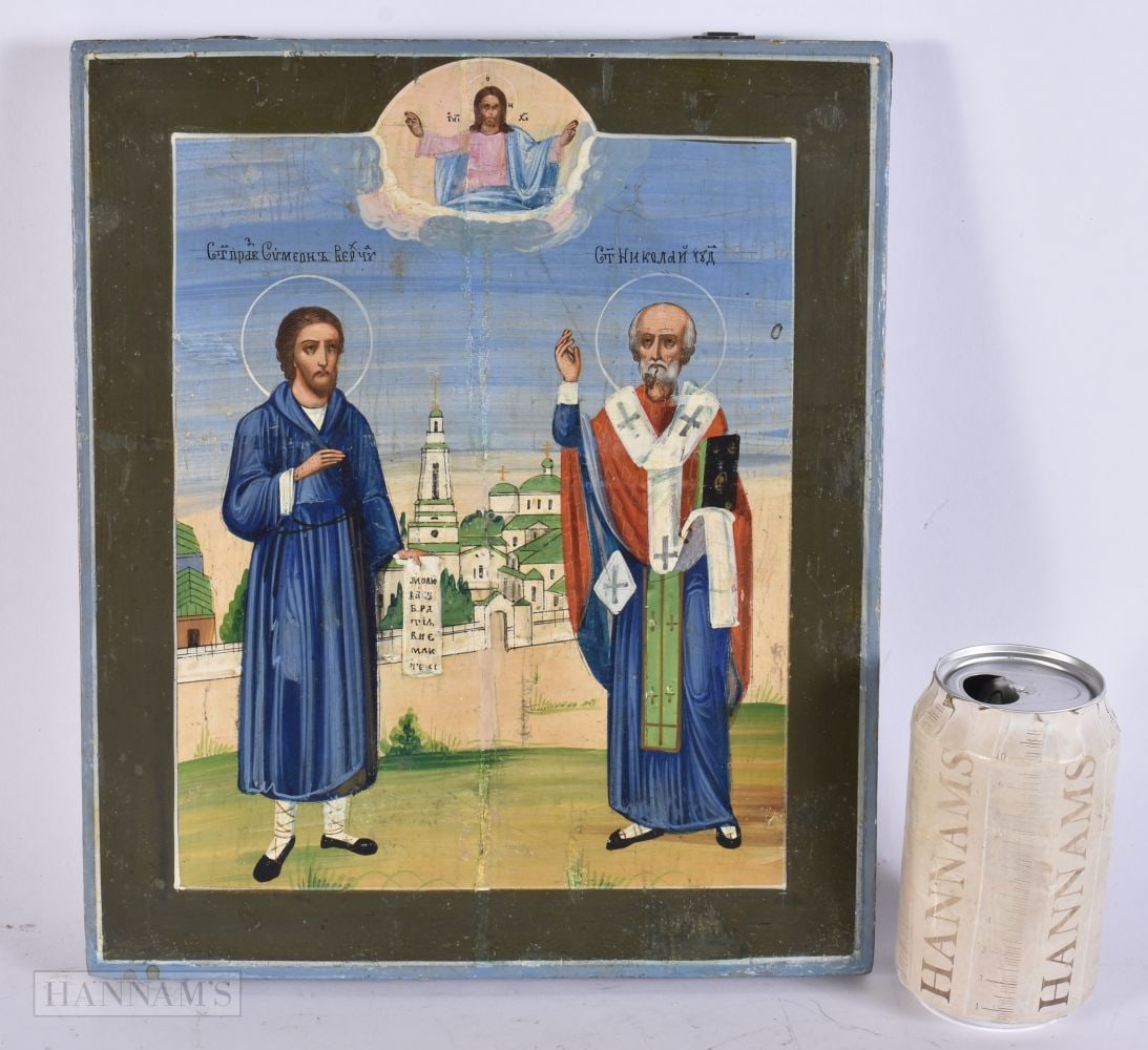 A RUSSIAN WOOD ICON. 30 cm x 24 cm. (1 of 5)