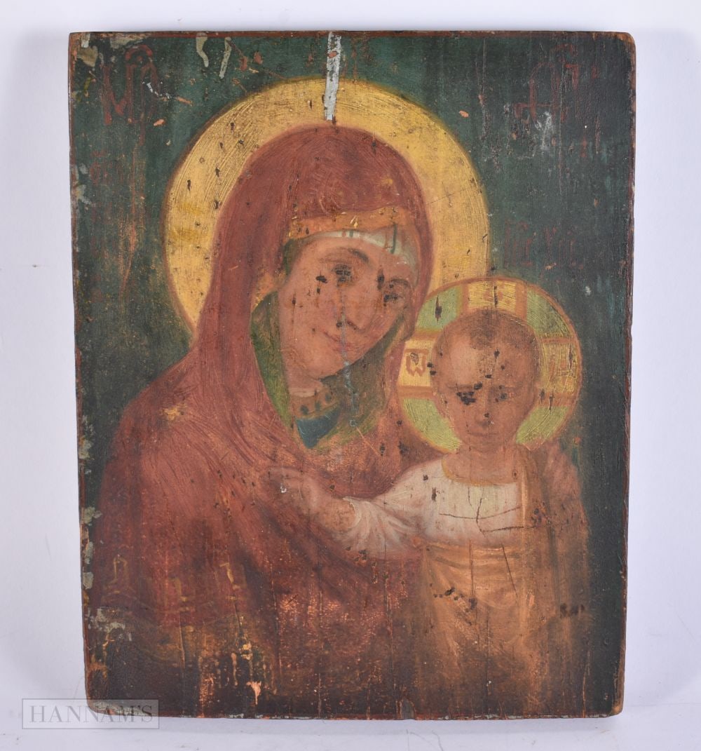 A SMALLER RUSSIAN MADONNA AND CHILD WOOD ICON. 26 cm x 20 cm. (1 of 5)