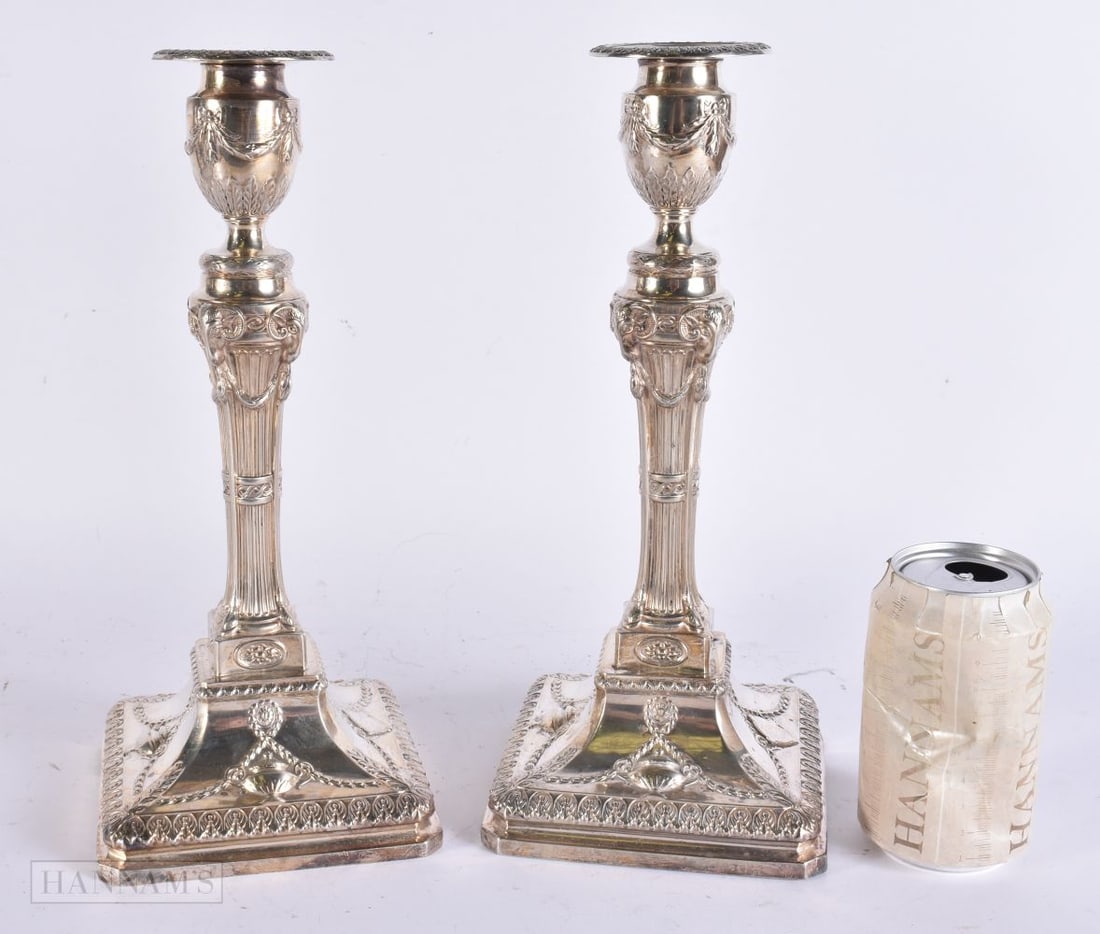 A PAIR OF EDWARDIAN SILVER ADAMS DESIGN CANDLESTICKS. 3000 grams overall. 30 cm high. (1 of 9)