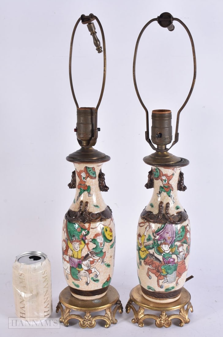 A PAIR OF 19TH CENTURY CHINESE CRACKLE GLAZED LAMPS Late Qing. 48 cm high. (1 of 5)