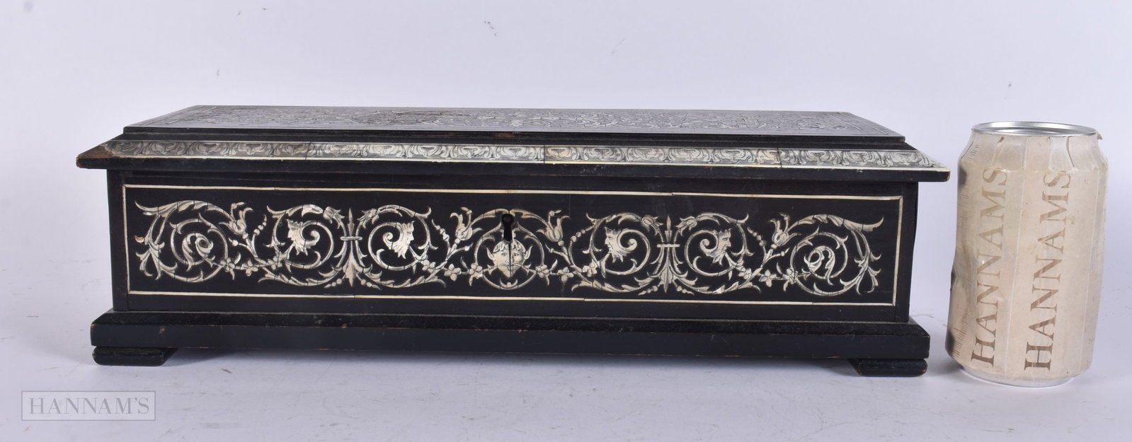 A MID 19TH CENTURY CONTINENTAL BONE INLAID WOOD CASKET. 38 cm x 14 cm.: A MID 19TH CENTURY CONTINENTAL BONE INLAID WOOD CASKET. 38 cm x 14 cm.