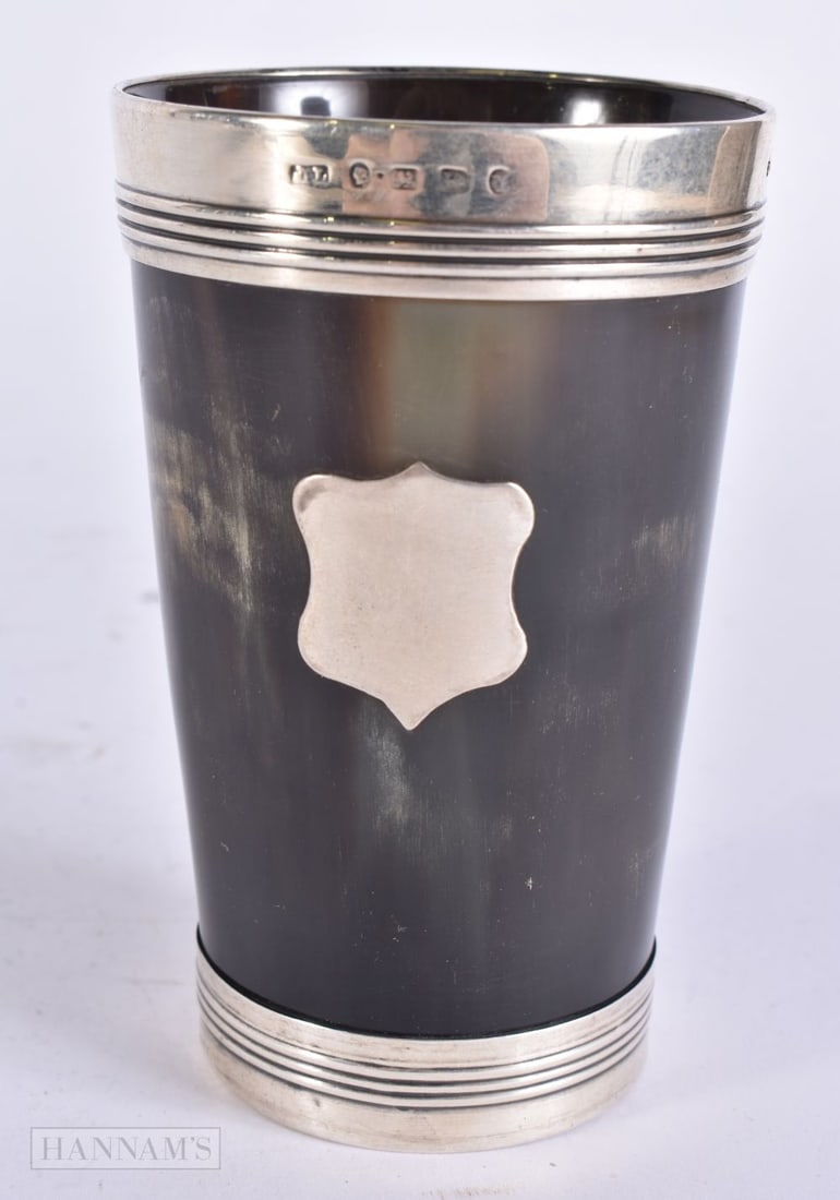 A VICTORIAN SILVER MOUNTED HORN BEAKER. 106 grams. 11 cm high. (1 of 5)