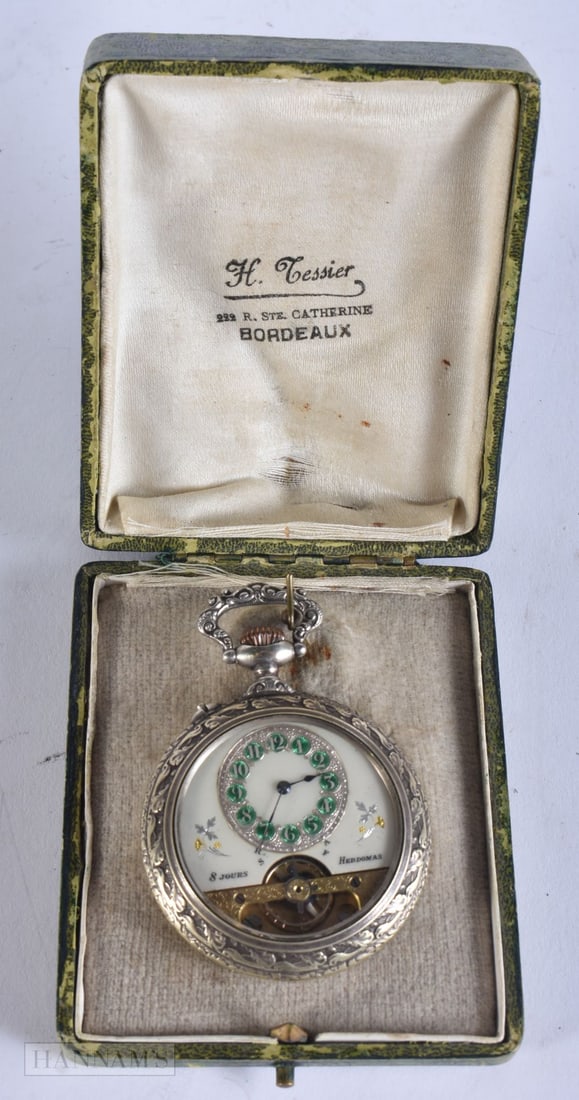 AN ANTIQUE GUN HUNTING HEBDOMAS POCKET WATCH. Running. 5 cm wide. (1 of 4)