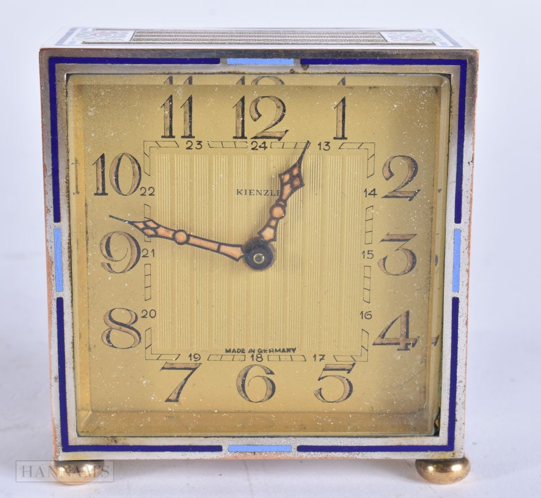 AN ART DECO SILVER AND ENAMEL KIENZL CLOCK. 319 grams overall. 7 cm x 6.5 cm. (1 of 4)