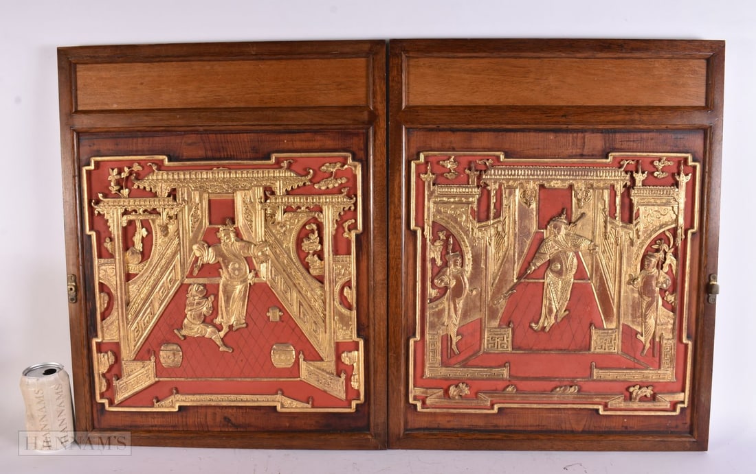 A PAIR OF 19TH CENTURY CHINESE GILTWOOD TEMPLE PANELS Late Qing. 44 cm x 56 cm. (1 of 10)