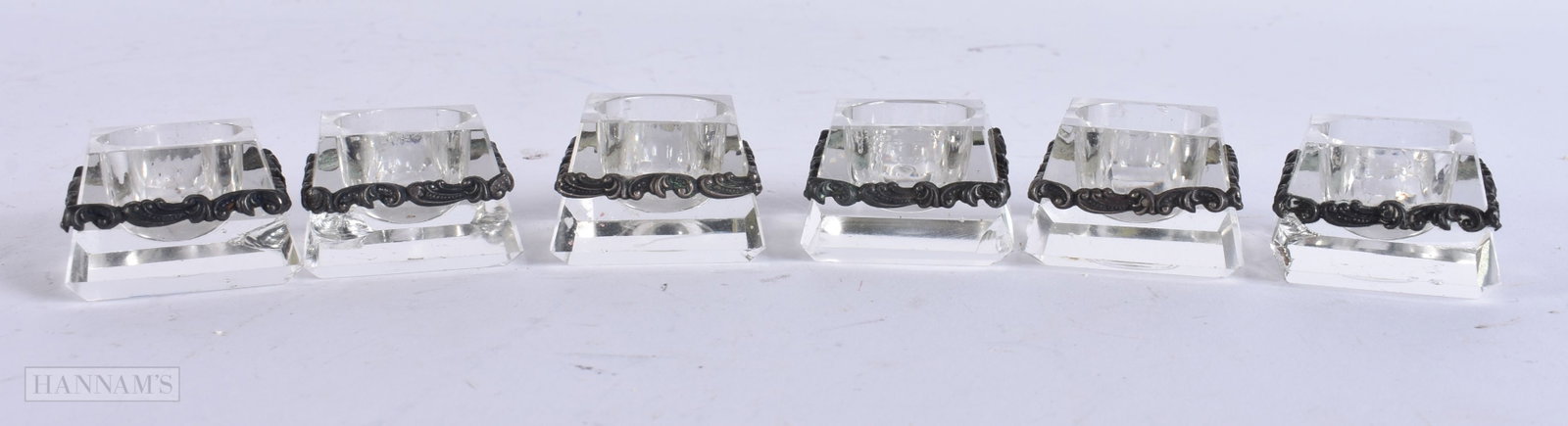 SIX SILVER MOUNTED GLASS SALTS. 3 cm wide. (6) (1 of 3)
