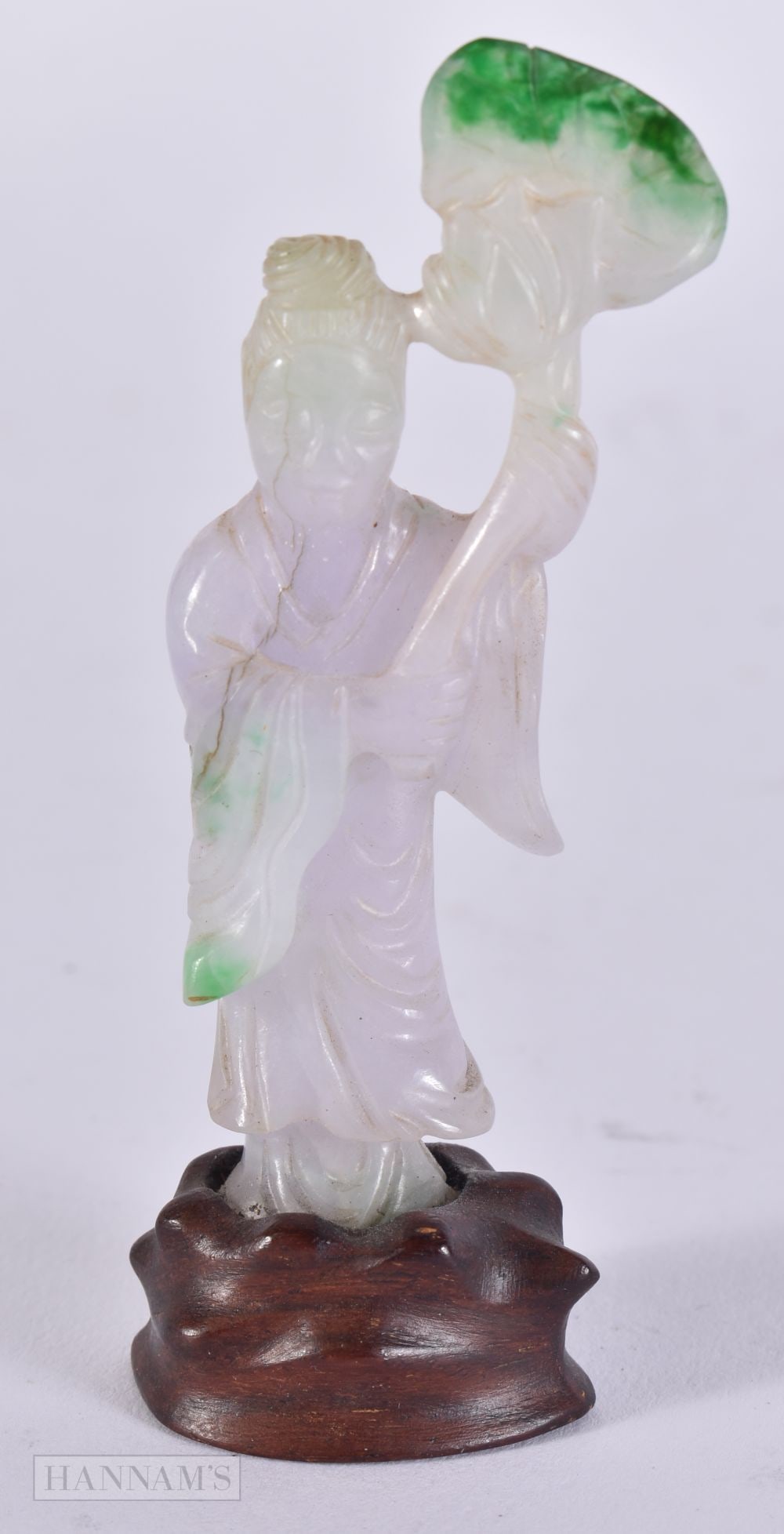 A LATE 19TH CENTURY CHINESE CARVED LAVENDER JADEITE FIGURE OF AN IMMORTAL Late Qing. 8.5 cm x 3.5 cm: A LATE 19TH CENTURY CHINESE CARVED LAVENDER JADEITE FIGURE OF AN IMMORTAL Late Qing. 8.5 cm x 3.5 cm.