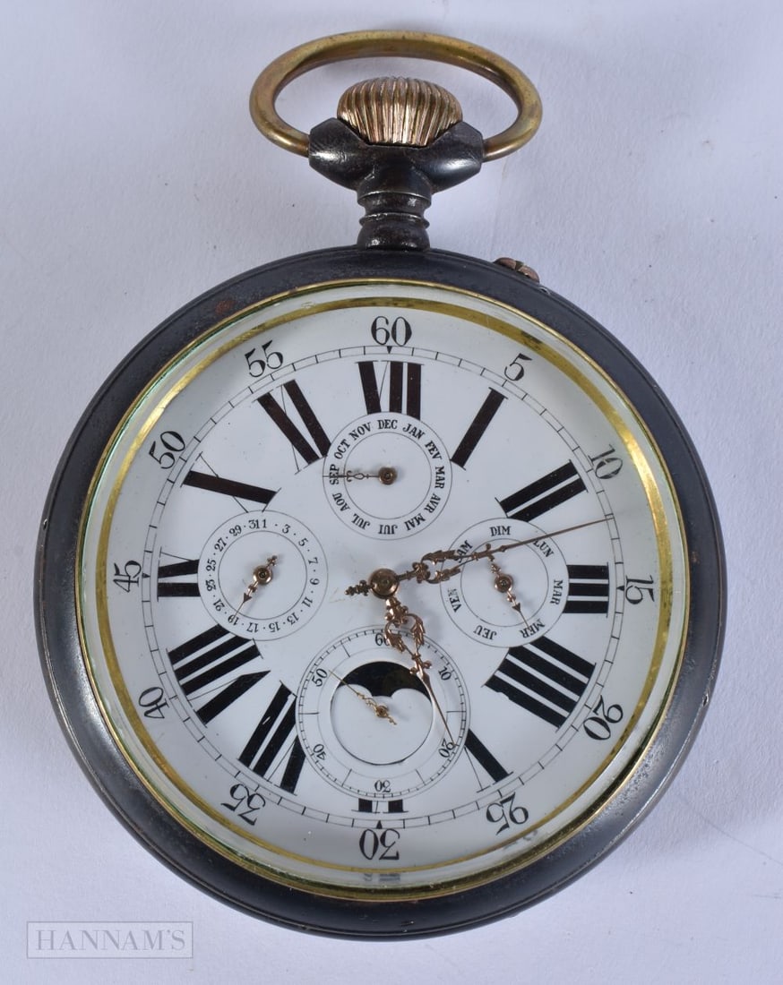 A LARGE ANTIQUE GUN METAL GOLIATH MOON PHASE POCKET WATCH. Not running. 9.5 cm wide. (1 of 4)