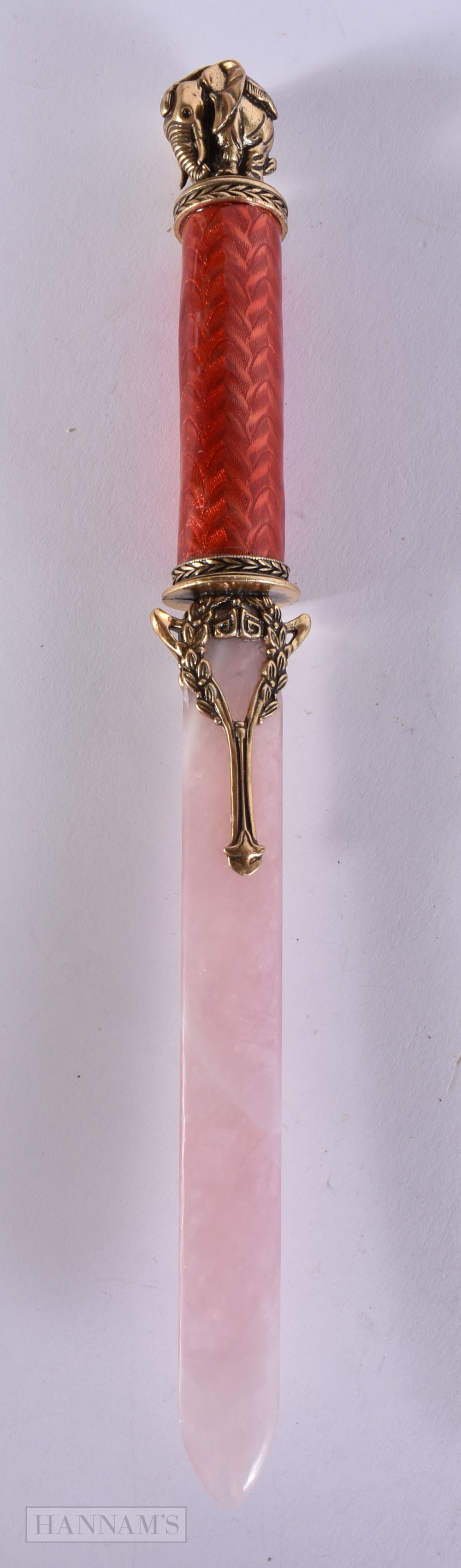 A CONTINENTAL SILVER ENAMEL AND ROSE QUARTZ ELEPHANT LETTER OPENER. 22.5 cm long. (1 of 5)