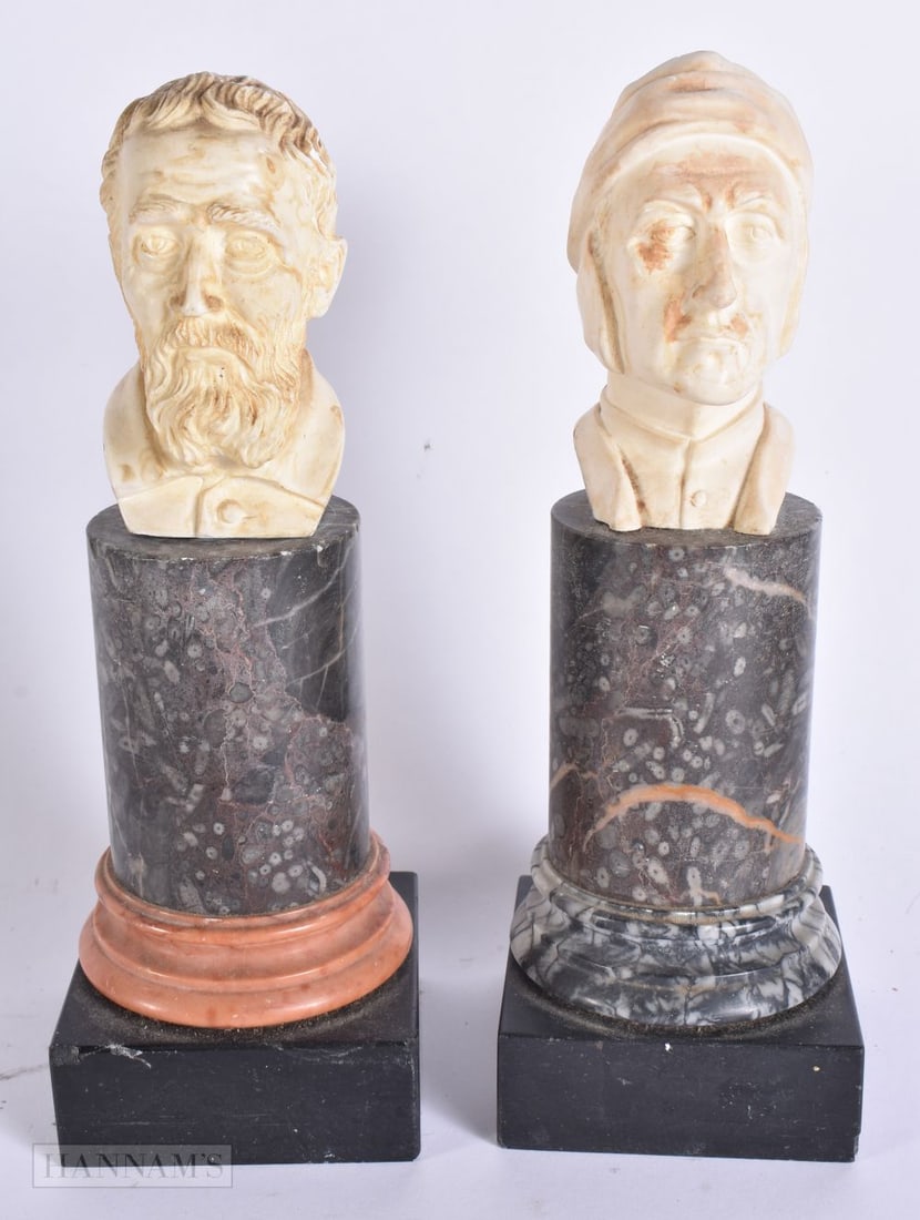 A PAIR OF EUROPEAN BUSTS upon marble pedestals. 22 cm high. (1 of 6)