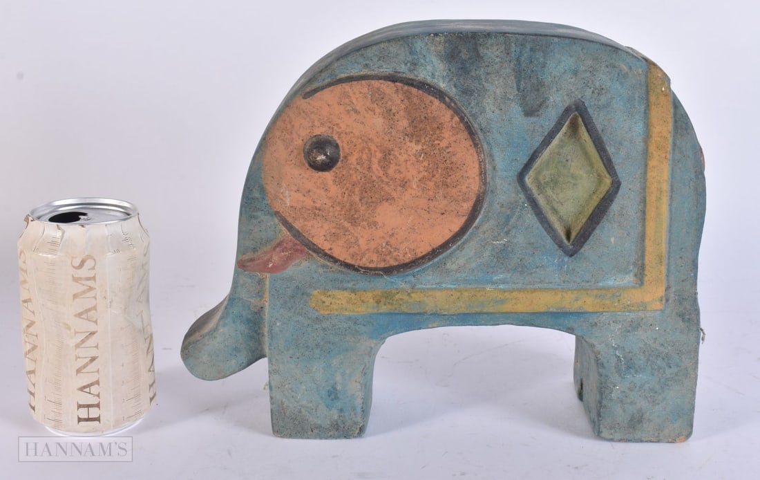 AN UNUSUAL ART DECO DESIGN PAINTED POTTERY ELEPHANT. 21 cm x 23 cm. (1 of 6)