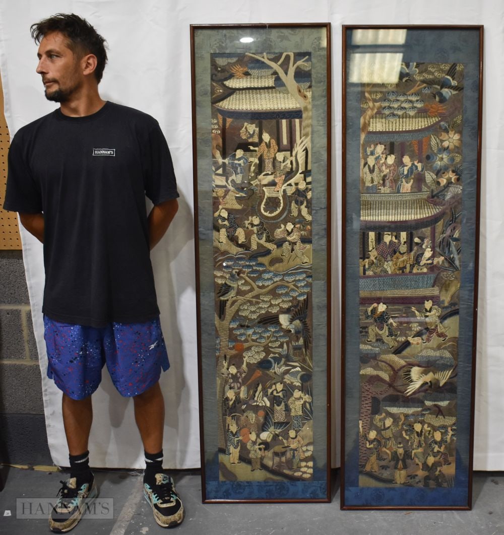 A LARGE PAIR OF 19TH CENTURY CHINESE SILK EMBROIDERED PANELS Qing. 170 cm x 45 cm. (1 of 17)