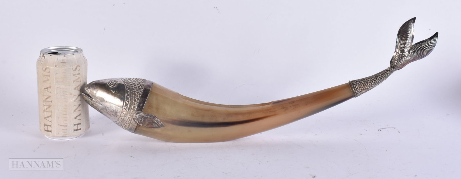 AN ISLAMIC MIDDLE EASTERN SILVER MOUNTED HORN FISH. 44 cm wide. (1 of 5)