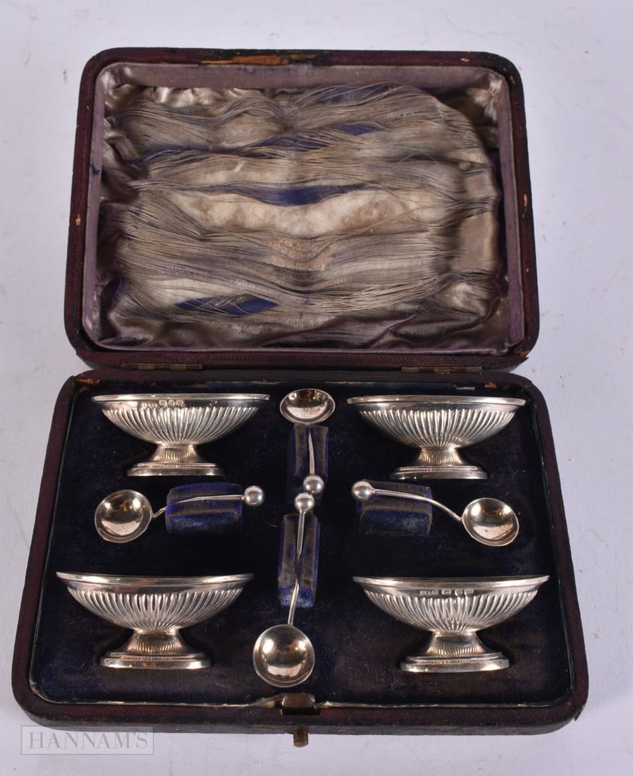 A CASED SET OF ANTIQUE SILVER SALTS. 68 grams. Box 15 cm x 10 cm. (qty) (1 of 7)