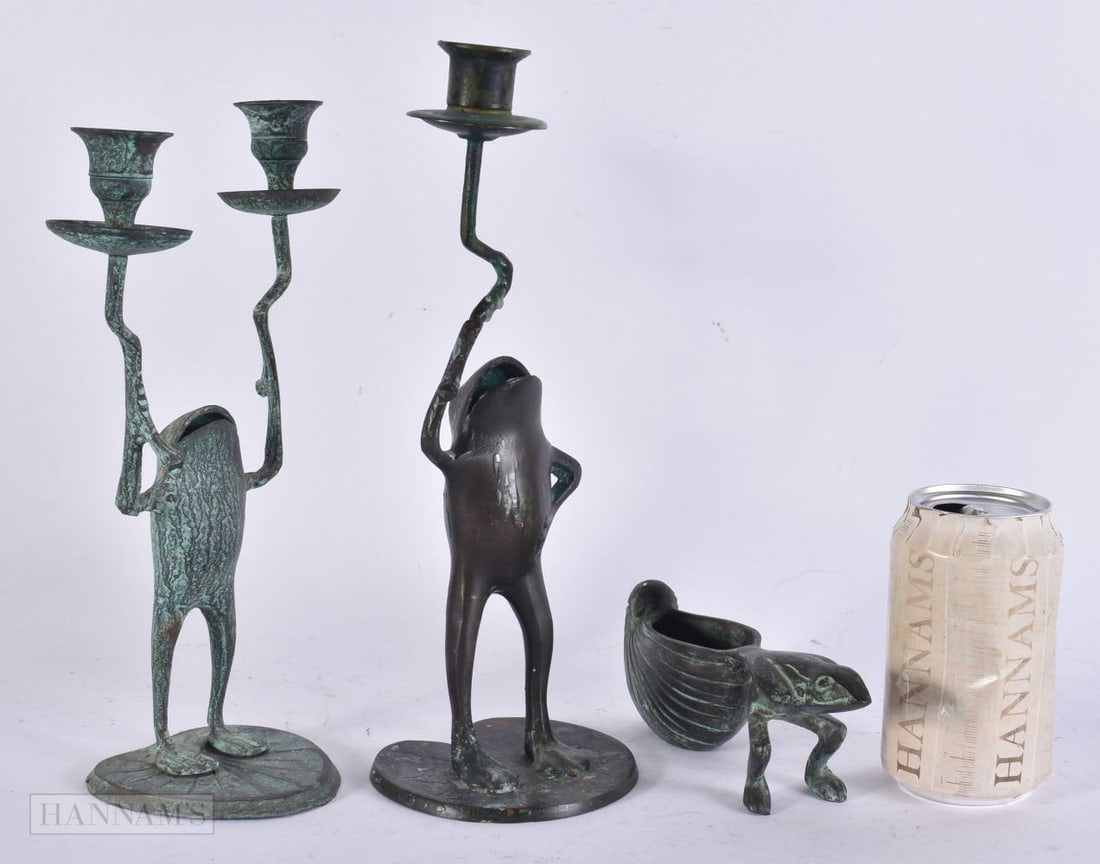 INDIAN NOVELTY TOAD CANDLESTICKS etc. Largest 28 cm high. (3) (1 of 3)