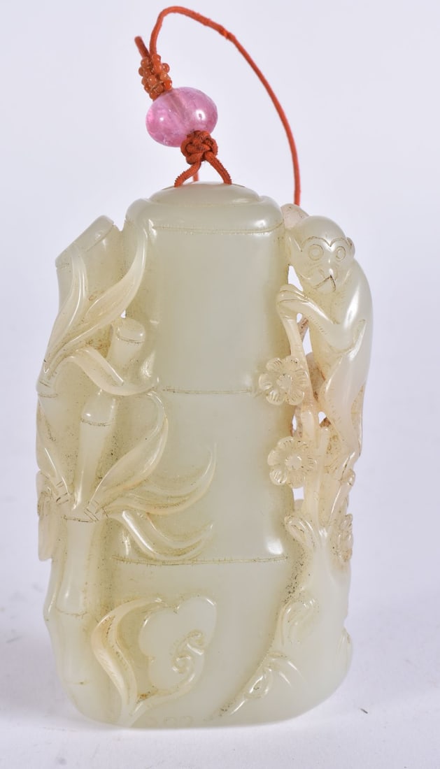 A FINE CHINESE QING DYNASTY CARVED GREEN JADE BAMBOO MONKEY TOWER. 8.75 cm x 5 cm.: A FINE CHINESE QING DYNASTY CARVED GREEN JADE BAMBOO MONKEY TOWER. 8.75 cm x 5 cm.