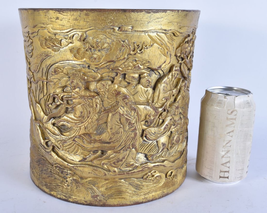 AN UNUSUAL CHINESE QING DYNASTY GILDED WOOD BITONG BRUSH POT. 21 cm x 21 cm. (1 of 7)