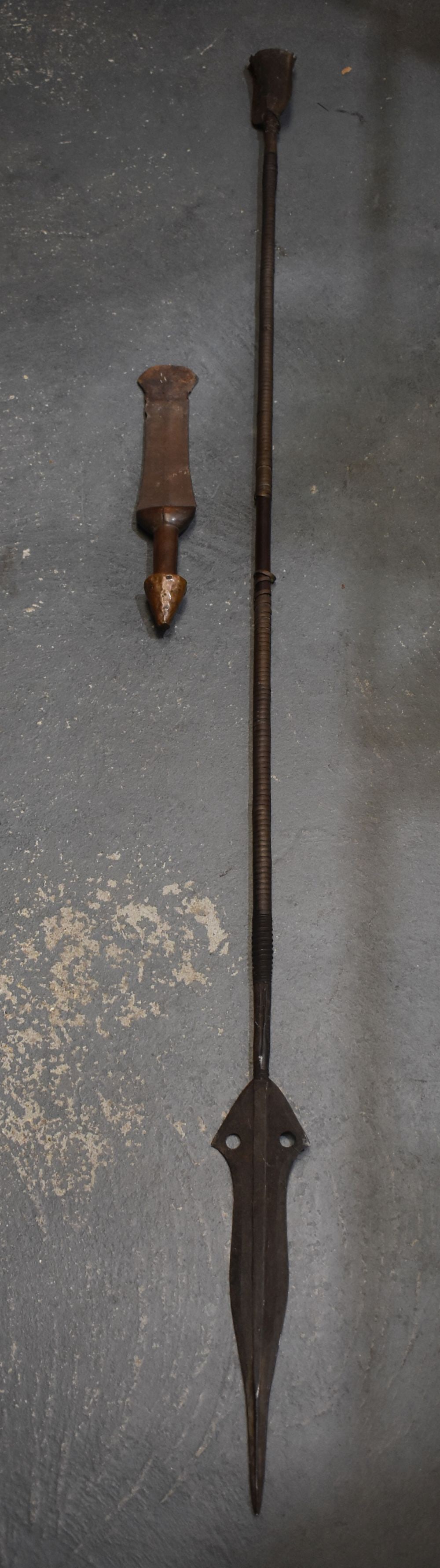 A LARGE EARLY 20TH CENTURY AFRICAN TRIBAL MASAI TRIBAL SPEAR together with a dagger. Largest 175 cm: A LARGE EARLY 20TH CENTURY AFRICAN TRIBAL MASAI TRIBAL SPEAR together with a dagger. Largest 175 cm long. (2) WE ARE UNABLE TO OFFER IN-HOUSE SHIPPING ON THIS LOT