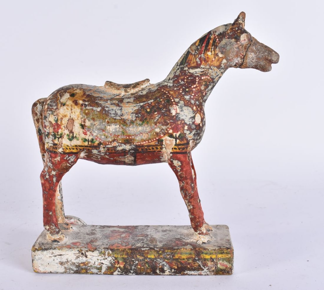 AN ANTIQUE INDIAN PAINTED WOOD FOLK ART TOY HORSE. 18 cm x 14 cm. (1 of 5)