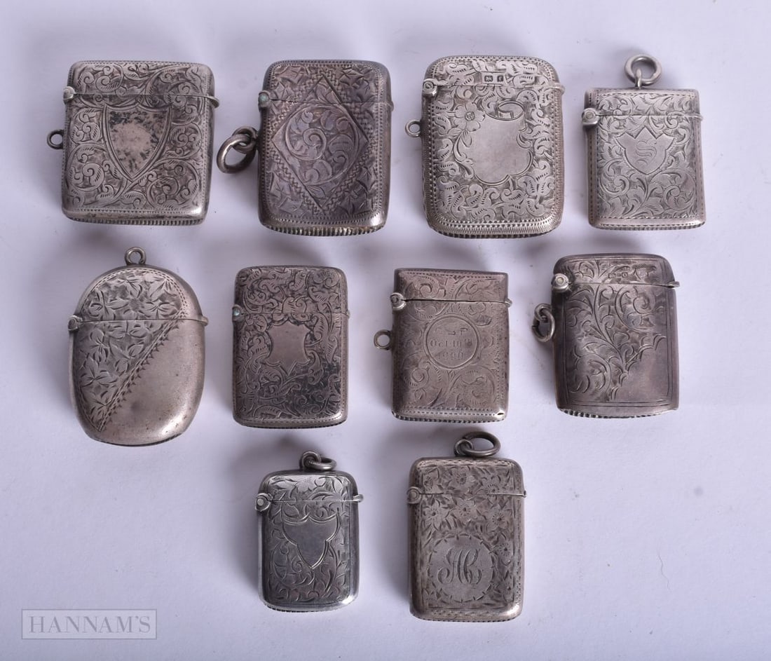 TEN ANTIQUE SILVER VESTA CASES. 187 grams. (10) (1 of 7)