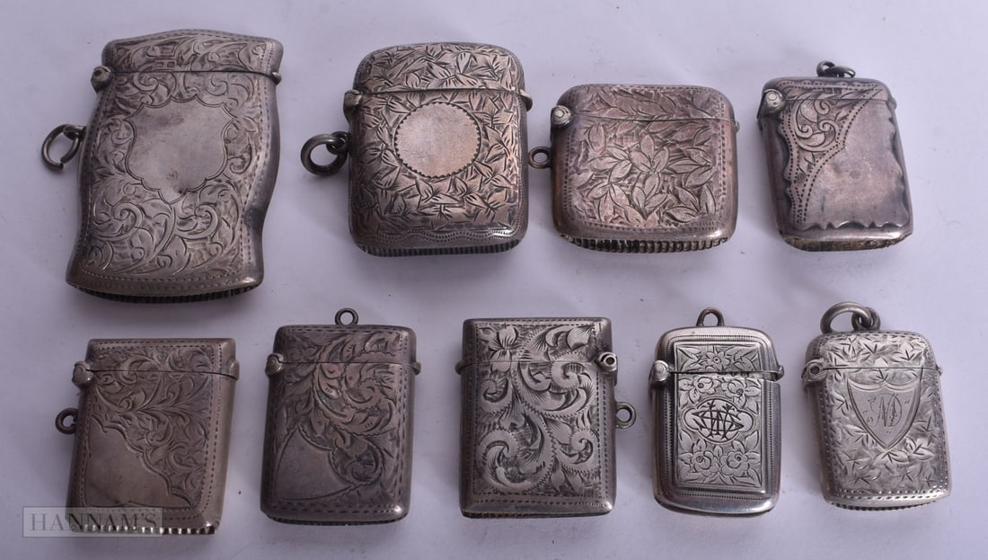 NINE ANTIQUE SILVER VESTA CASES. 158 grams. (9) (1 of 5)