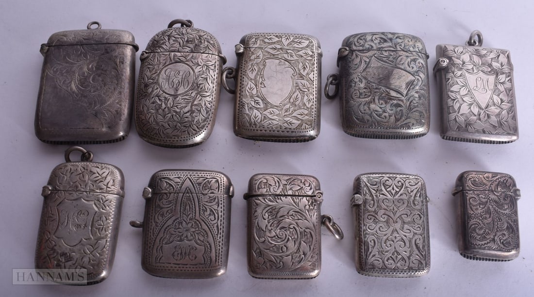 TEN ANTIQUE SILVER VESTA CASES. 196 grams. (10) (1 of 6)