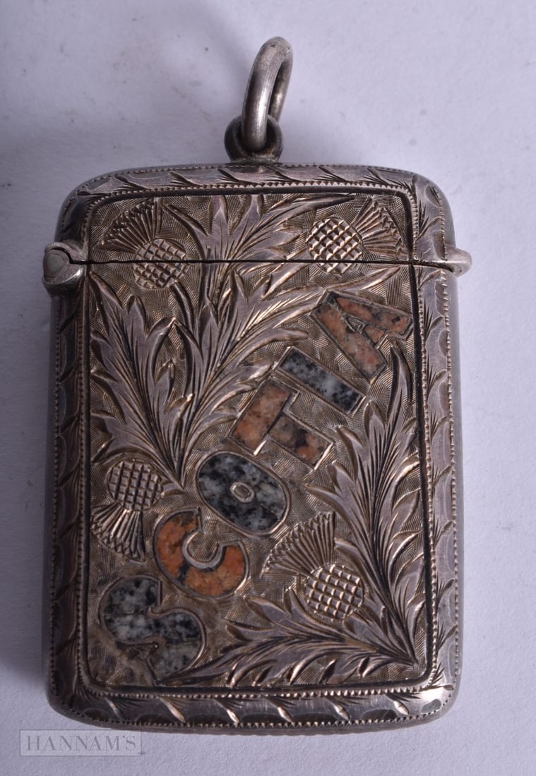 AN UNUSUAL ANTIQUE SILVER AND AGATE 'SCOTIA' VESTA CASE. 26 grams. 4.75 cm x 3.5 cm. (1 of 4)