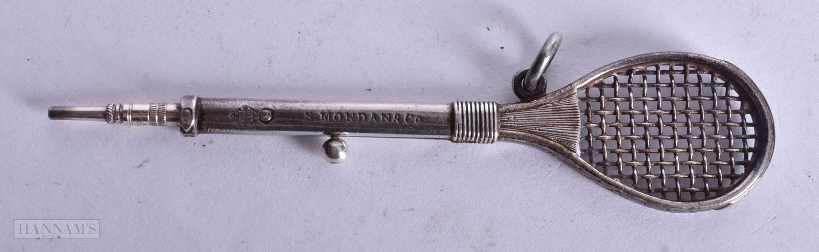 A RARE ANTIQUE SAMSON MORDEN SILVER TENNIS RACKET PROPELLING PENCIL. 9 grams. 8 cm long. (1 of 2)