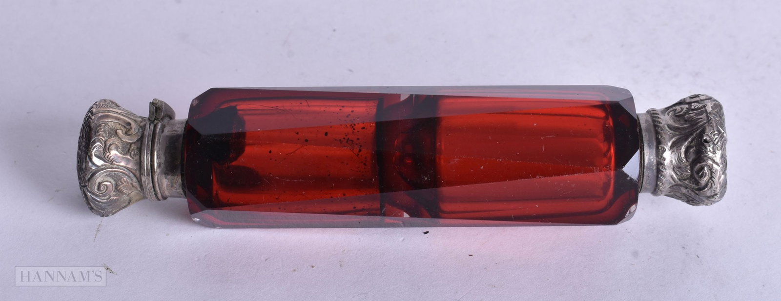 A VICTORIAN SILVER AND RUBY GLASS SCENT BOTTLE. 93.7 grams. 12.75 cm long. (1 of 3)