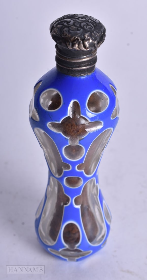 A VICTORIAN SILVER AND BOHEMIAN GLASS SCENT BOTTLE. 52.7 grams. 9 cm long. (1 of 3)