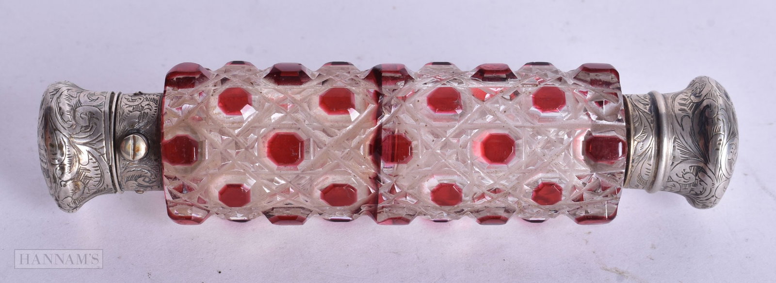 A VICTORIAN SILVER AND RUBY FLASH GLASS SCENT BOTTLE. 101 grams. 12.5 cm long. (1 of 4)