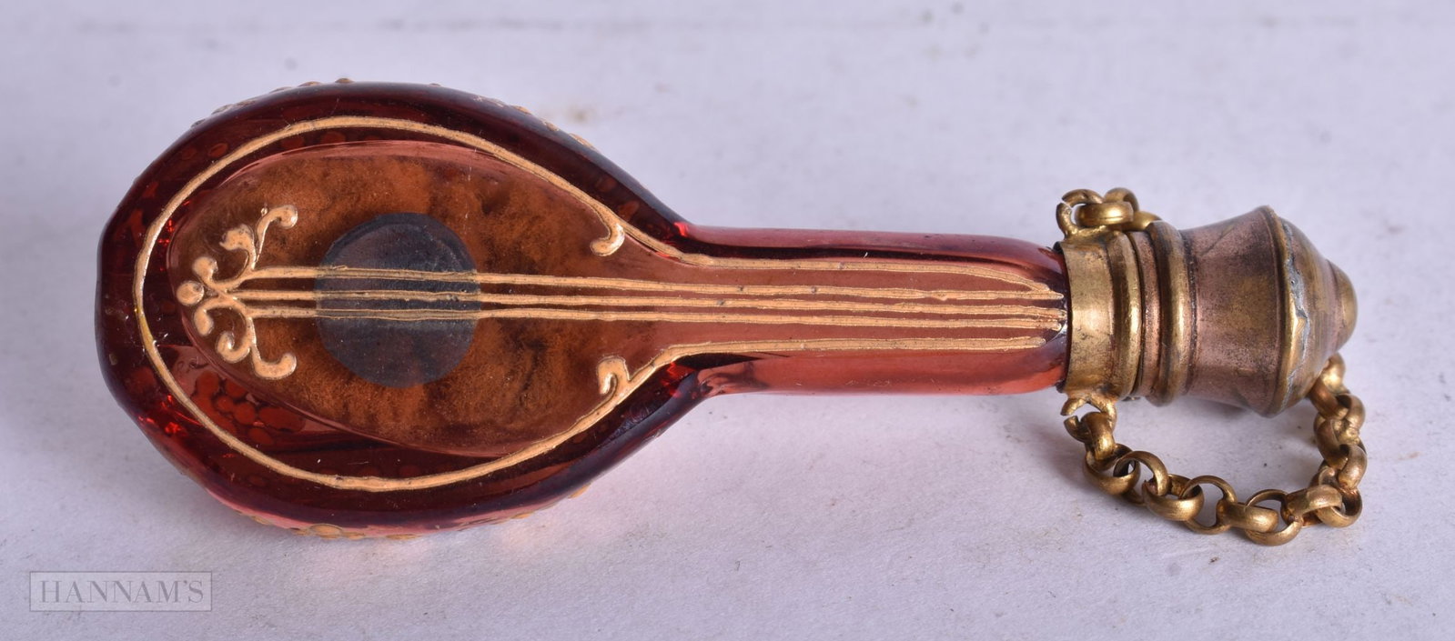 A RARE EARLY 20TH CENTURY BOHEMIAN GLASS MUSICAL INSTRUMENT SCENT BOTTLE. 6.5 cm x 2.5 cm. (1 of 3)