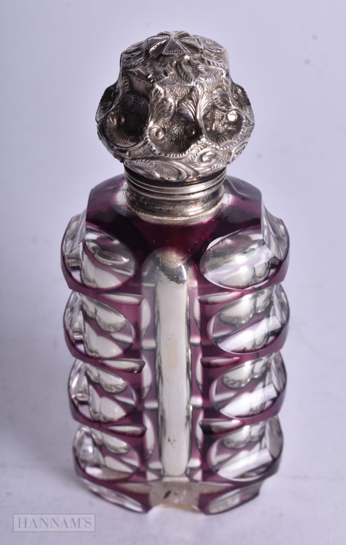 AN UNUSUAL VICTORIAN SILVER AND MERCURY PUCE GLASS SCENT BOTTLE. 106.3 grams. 9.5 cm long. (1 of 3)