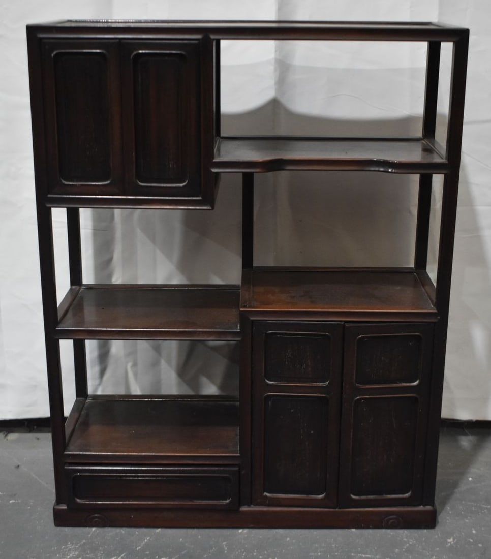 A LATE 19TH CENTURY CHINESE CARVED WOOD CABINET Late Qing, possibly Zitan. 86 cm x 67 cm x 25cm.: A LATE 19TH CENTURY CHINESE CARVED WOOD CABINET Late Qing, possibly Zitan. 86 cm x 67 cm x 25cm.