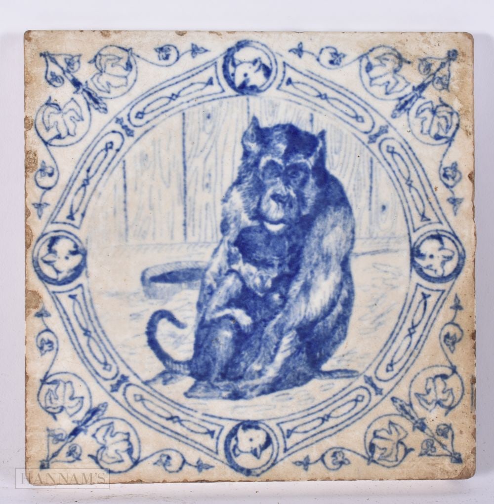 A RARE 19TH CENTURY ENGLISH BLUE AND WHITE MONKEY POTTERY TILE. 15.5 cm square. (1 of 3)