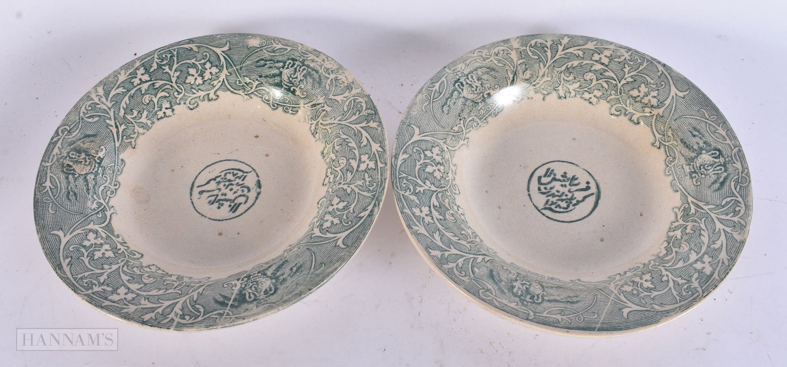 A RARE PAIR OF MID 19TH CENTURY ENGLISH 'ISLAMIC MARKET' POTTERY BOWLS. 22.5 cm wide.: A RARE PAIR OF MID 19TH CENTURY ENGLISH 'ISLAMIC MARKET' POTTERY BOWLS. 22.5 cm wide.